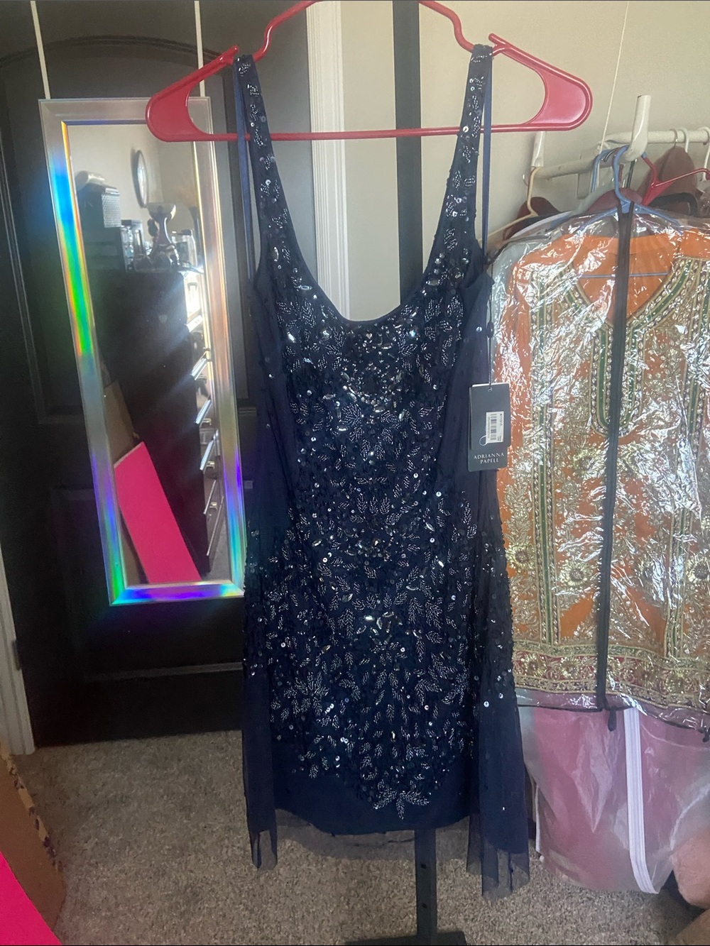 Adrianna Papell Navy Beaded Mini Dress with Sheer Overlay